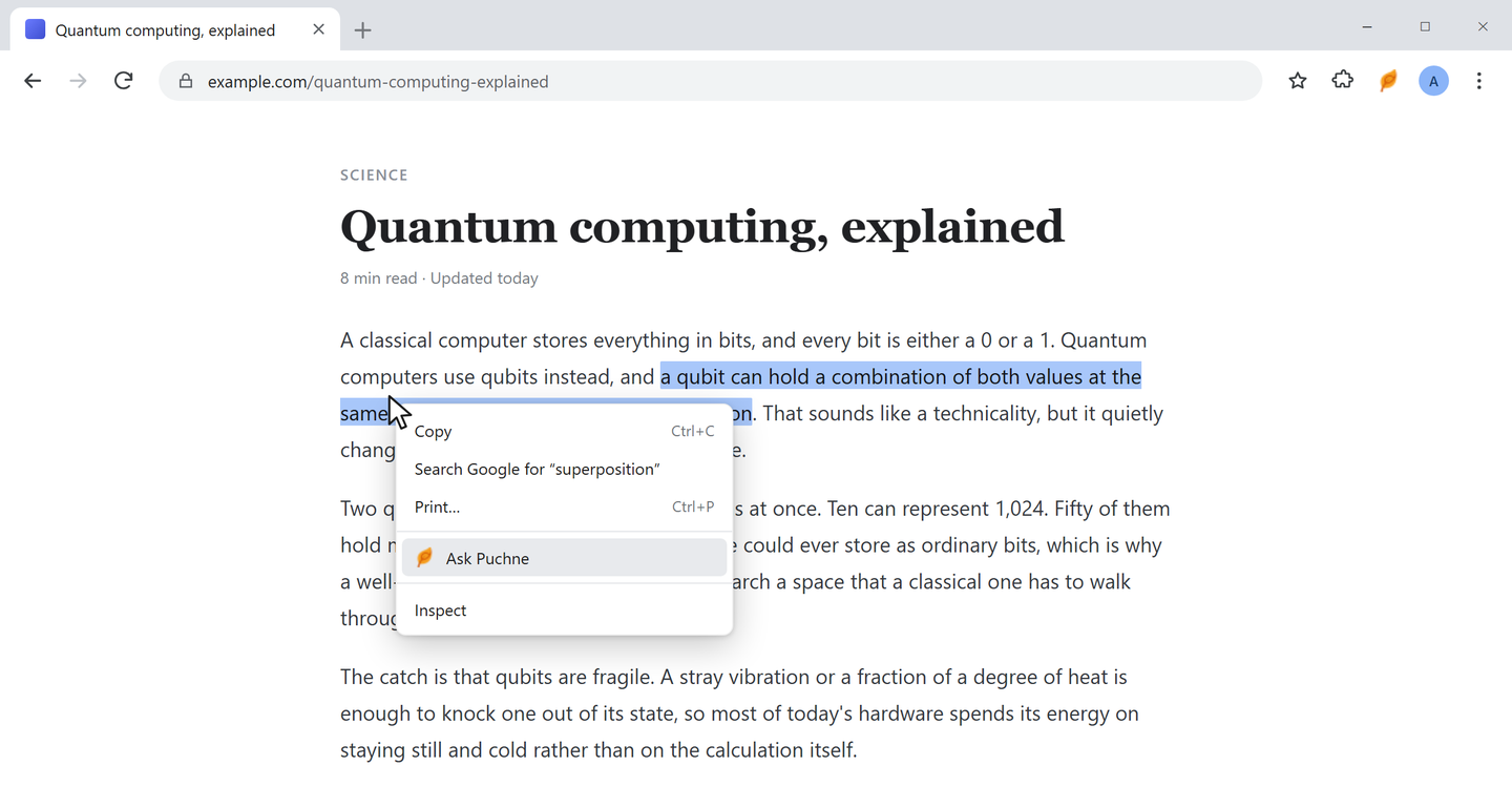 Selected text on a page with Ask Puchne showing in the right-click menu