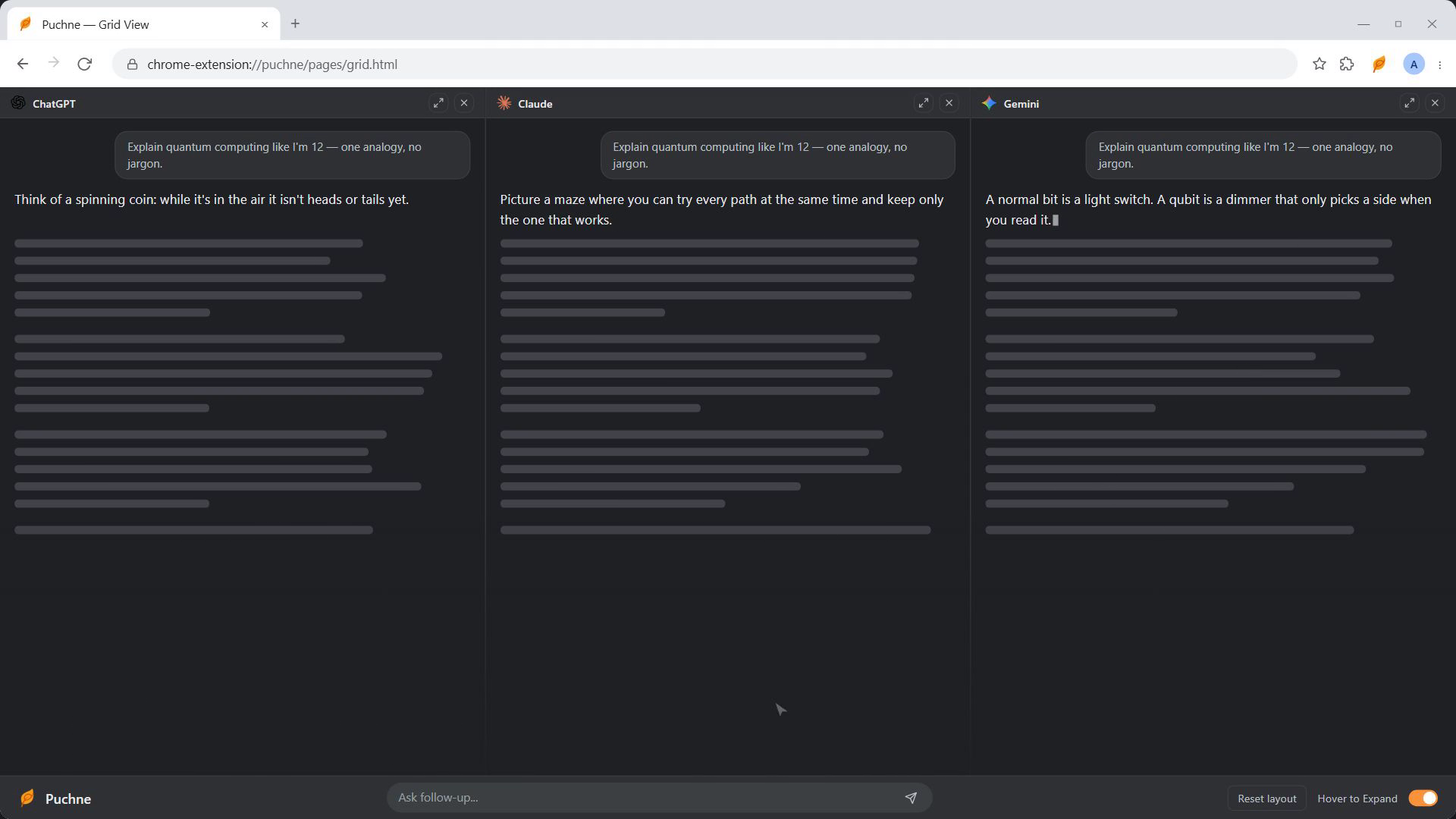 Grid view with ChatGPT, Claude and Gemini in three columns answering the same prompt