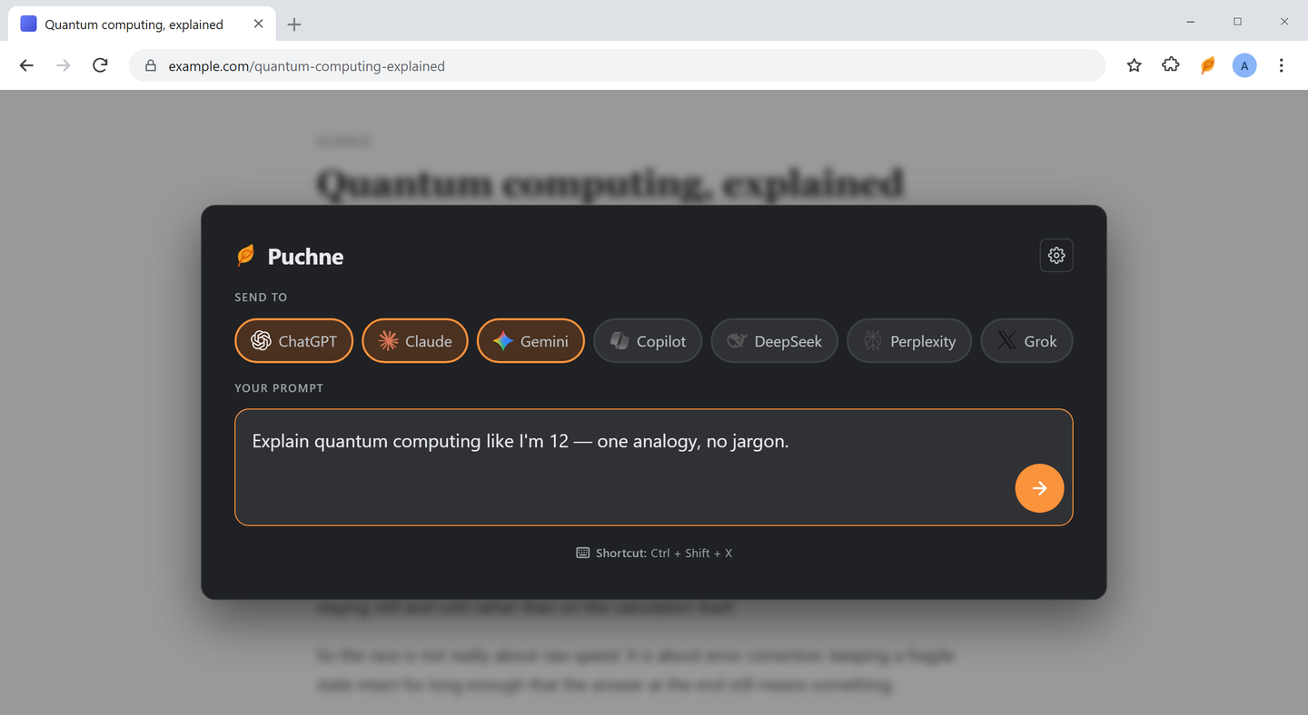 The Puchne panel open over a web page with three tools selected and a prompt typed in