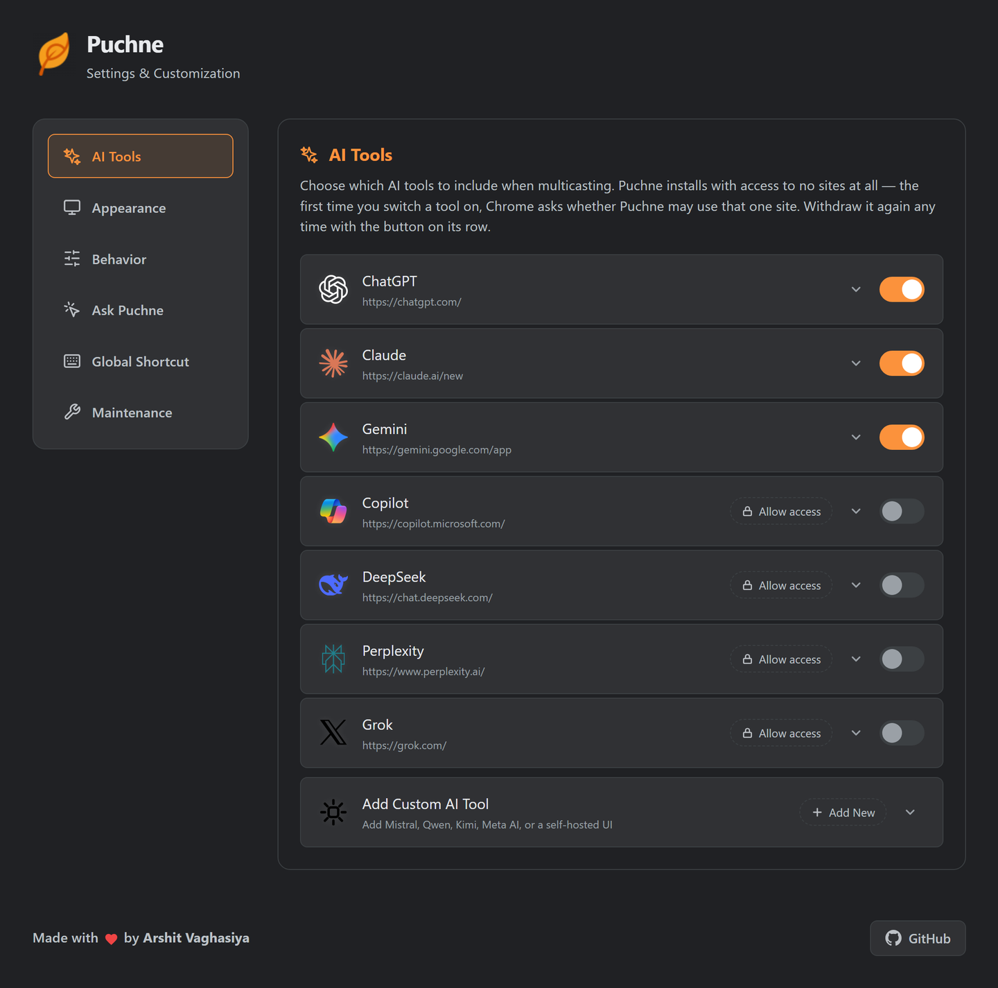 Puchne settings listing each AI tool with a toggle, a site-access button and a selector editor