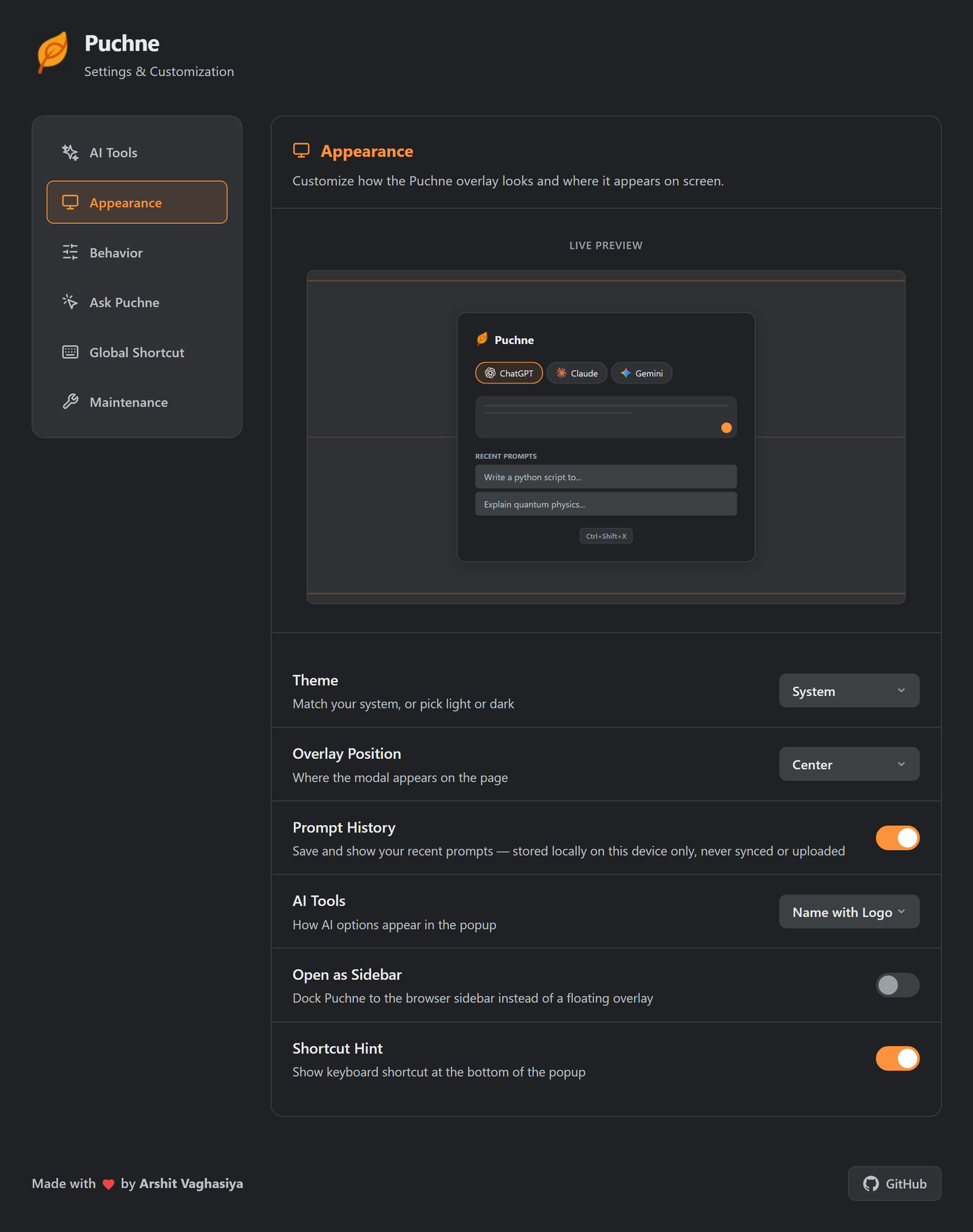 Appearance settings with a live preview of the overlay beside theme, position, history, chip and sidebar controls