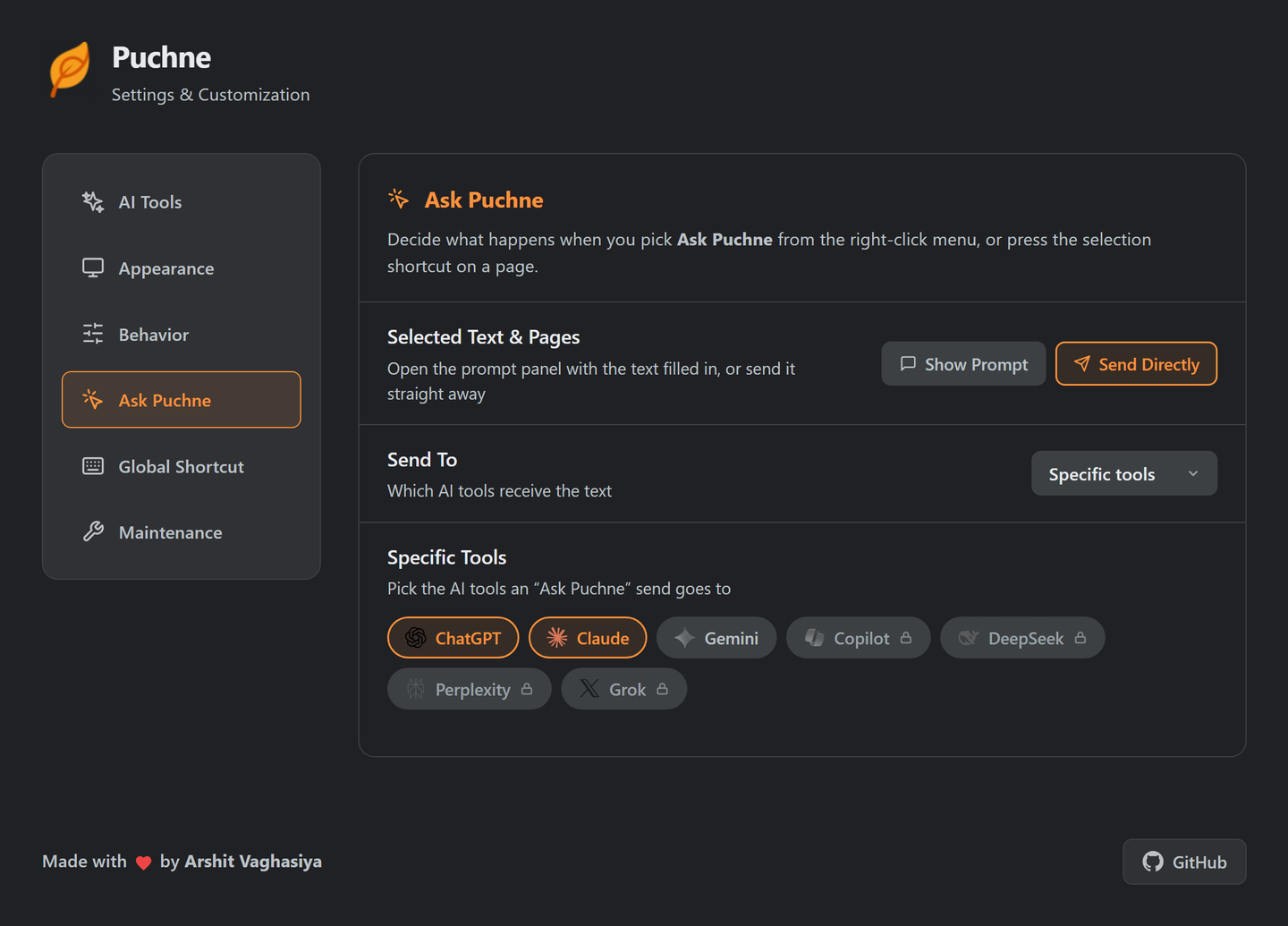 Ask Puchne settings with a Show Prompt / Send Directly choice and controls for which tools receive the text