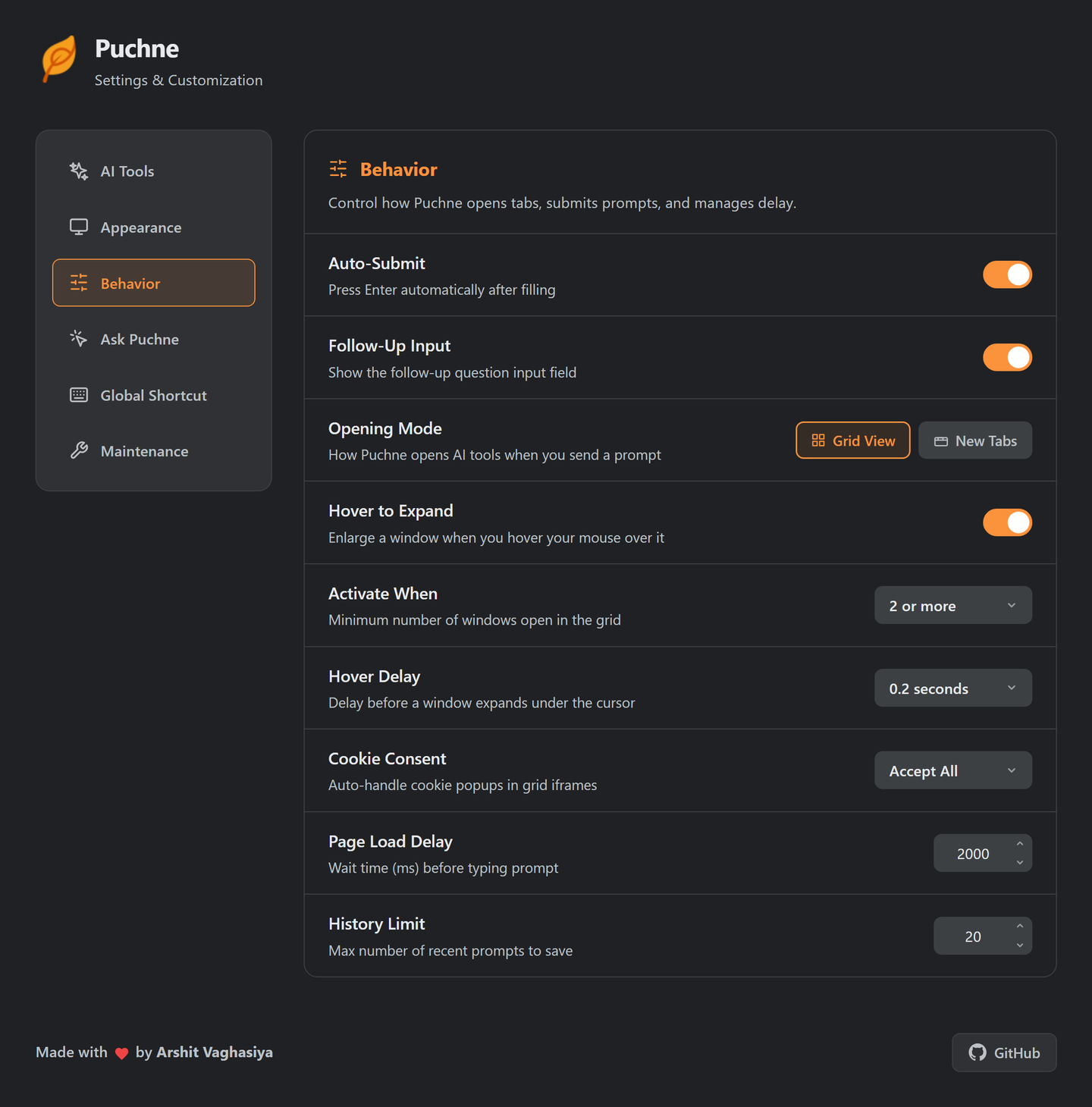Behavior settings: auto-submit, follow-up input, opening mode, hover to expand, cookie consent, group tabs, page load delay and history limit